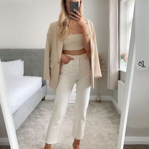 Zara Off White Frayed Hem Straight Leg Jeans Size 8